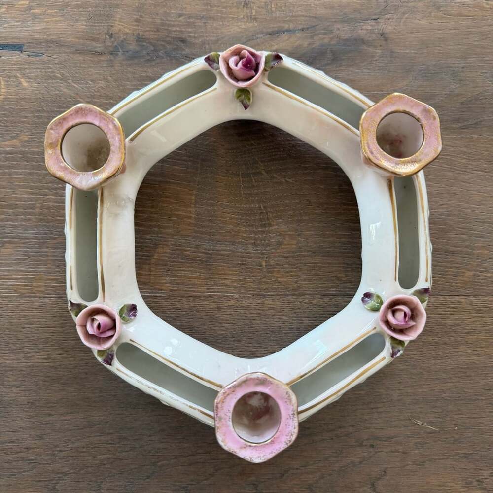 Vtg Porcelain Posy Ring Flower Vase 3 Candle Holder Pink Roses Gold Trim
